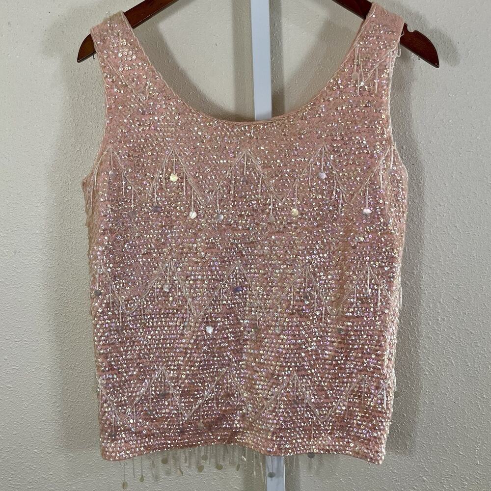 Vintage Pink Wool Sequin Beaded Tank Top Womens S Sleeveless Party Blouse READ